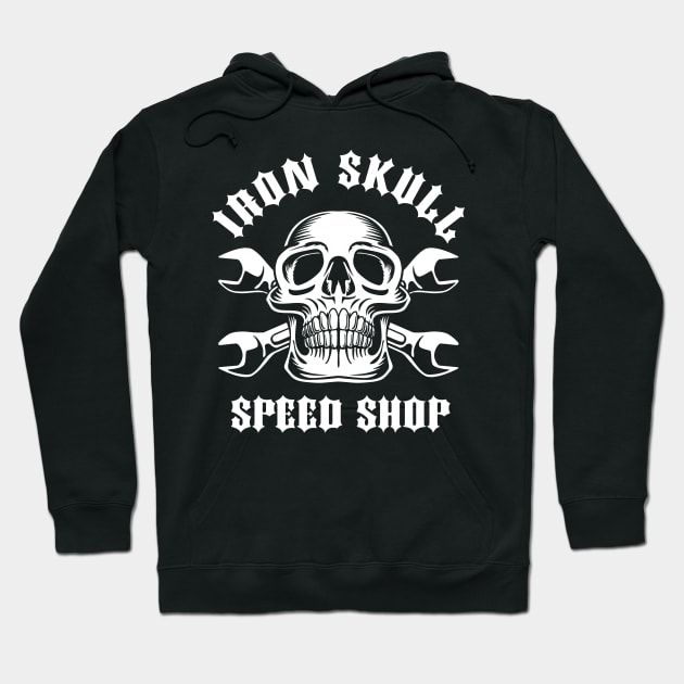 Iron Skull Speed Shop Skull with Crossed Wrenches Hoodie by hobrath